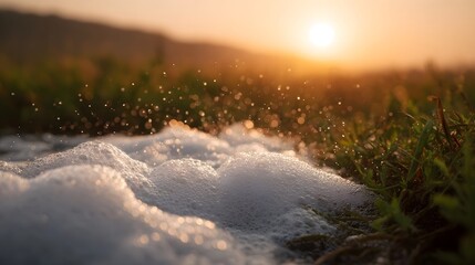 Close up of white foam and dew drops on lush green grass illuminated by the warm hazy glow of a golden sunrise with beautiful bokeh