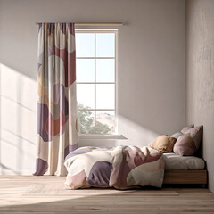 Modern minimalist room with large patterned curtain and empty space