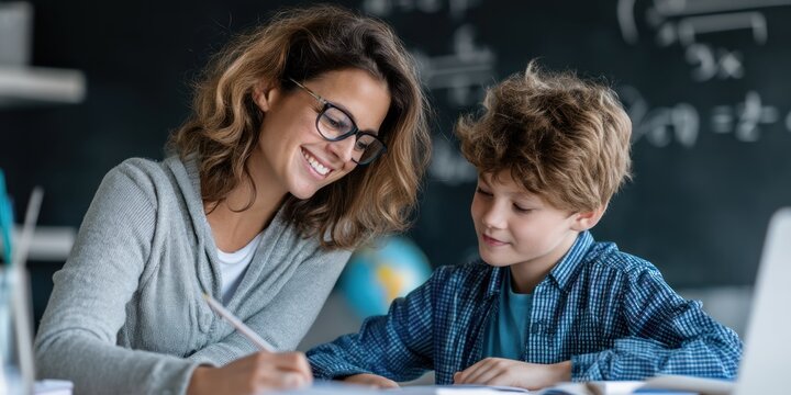 A smiling female teacher assists a young boy with his schoolwork at a desk in a classroom. The teacher, wearing glasses and a gray sweater, 