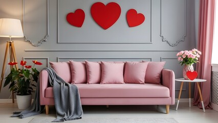 Valentine's day decor inspiration romantic pink living room with heart art