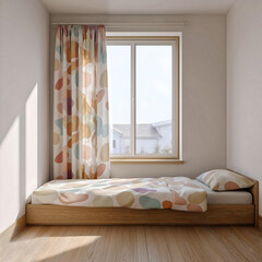 Modern minimalist room with large patterned curtain and empty space