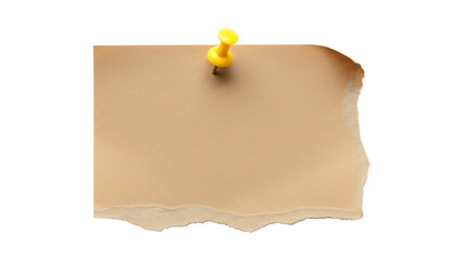 Torn brown paper note pinned with yellow push pin on white background