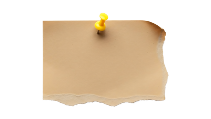 Torn brown paper note pinned with yellow push pin on white background