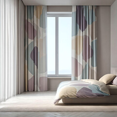 Modern minimalist room with large patterned curtain and empty space