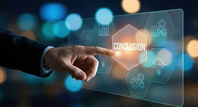 Adult professional man touching a digital glowing conclusion button on a futuristic holographic interface in a blurred city office at night, conceptual business data analysis and final decision - Powered by Adobe