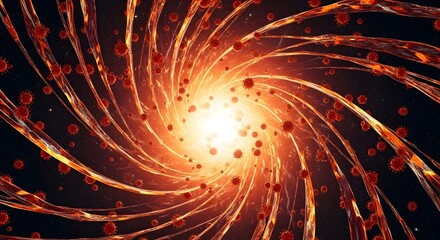 Abstract 3D illustration of a glowing energy vortex swirling with red virus cells representing dynamic pandemic spread medical science research and infectious disease transmission process