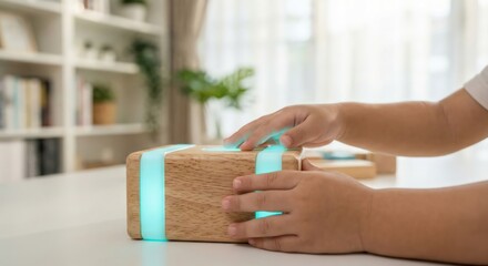 Curious Southeast Asian girl playing with glowing futuristic wooden digital toy block in a bright modern home, high-key lighting, STEM education concept for children.
