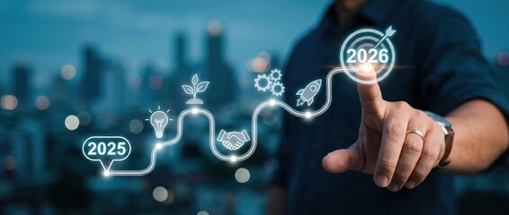 Fototapeta premium Professional Adult White Man in Suit Touching a Digital Business Roadmap Towards Vision 2026 Goals in a Modern Office at Night, Strategic Planning and Corporate Success Concept