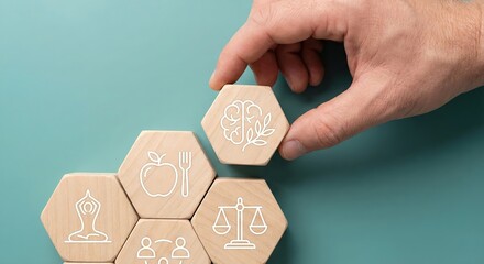 A Caucasian adult hand placing a wooden hexagonal block with a mental health icon into a cluster of holistic wellness lifestyle icons on a teal background, self-care and work-life balance concept.