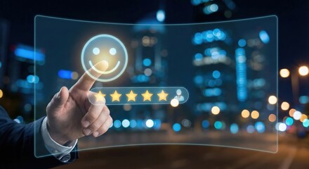Adult Caucasian businessman in a dark suit touching a glowing digital customer satisfaction rating interface with yellow stars and smiley face icon in a night city office setting.
