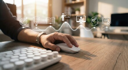 Close up of an adult professional using a computer mouse on a wooden desk with a digital glowing infographic showing an e-learning path and career development icons for online education.