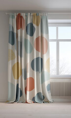 Modern minimalist room with large patterned curtain and empty space