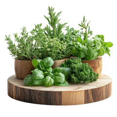 Fresh Herbs and Broccoli in Wooden Pots on Transparent Background