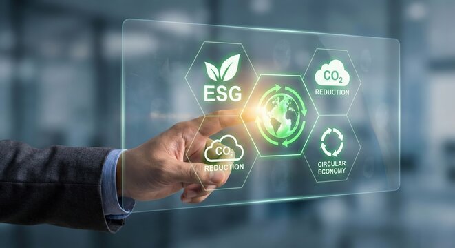 Adult Southeast Asian businessman in a suit touching a glowing green circular economy icon on a digital hexagonal interface, concept of sustainability and ESG in a modern office, morning. - Powered by Adobe