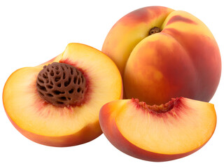Ripe Peaches with Pit, Sliced Open Peach Showing Brown Stone, Whole Juicy Fruits Closeup on transparent background