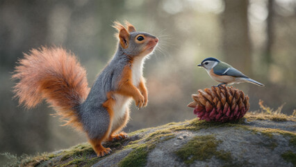 Obraz premium Red Squirrel Facing Small Bird on Pine Cone in Forest