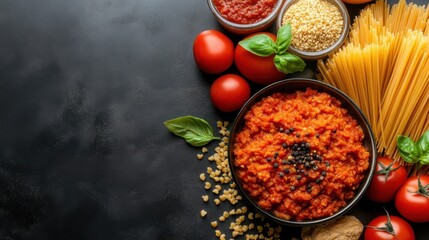Italian Pasta Ingredients Red Tomato Sauce Fresh Basil and Dry Spaghetti on Dark Textured Surface