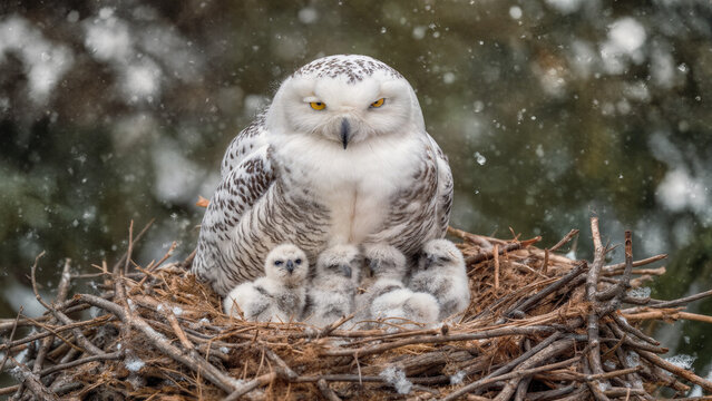 Snowy Owl Mother with Chicks in Winter Nest