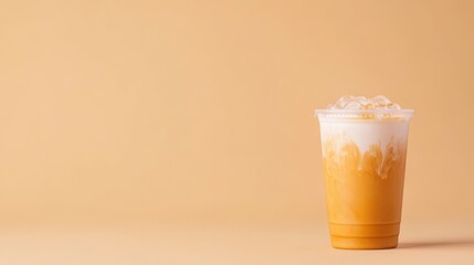 Orange Thai Tea With Creamy Milk And Ice In Clear Plastic Cup Studio Shot