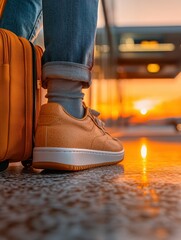 Person with Orange Suitcase Standing on Reflective Floor with Sunset Background