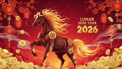 Dark Horse with Golden Fire Mane and Chinese New Year Lanterns