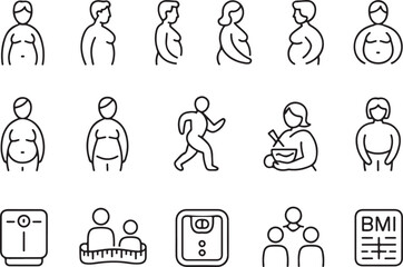 Clinical Body Assessment Icons: Line-Art BMI, Weight Monitoring, Maternal Health, and Physical Evaluation Graphic Set