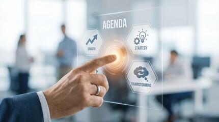 Businessman in formal suit touching digital agenda interface button on holographic screen in office, Asian adult male planning schedule and project management concept, professional corporate setting.