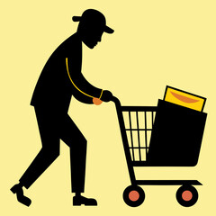 Man Silhouette Pushing Shopping Cart in Supermarket