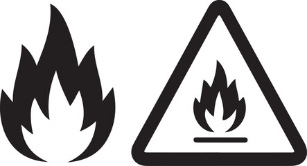 Fire Hazard Icon Set: Standalone Flame Silhouette and Triangular Flammable Warning Sign for Industrial Safety
