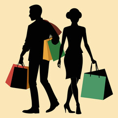 Shopping Couple Silhouette Walking with Colorful Bags