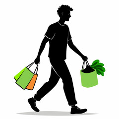 Man Walking with Grocery Shopping Bags Silhouette