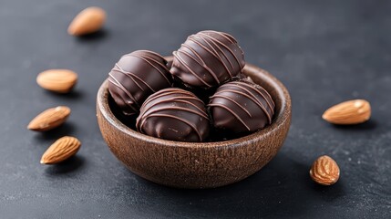 Rich Dark Chocolate Truffles Decorated With Drizzled Chocolate In A Textured Bowl Surrounded By Almonds On A Dark Surface