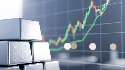 Silver bricks bars with rising market line chart