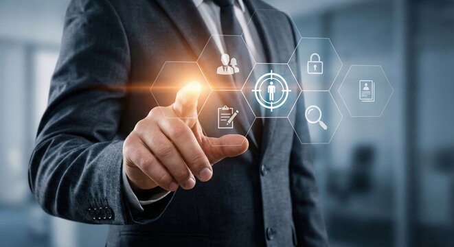 Professional Adult White Businessman Interacting with Futuristic Digital UI Targeting Interface for Customer Segments and Marketing Analytics in a Soft Lit Modern Office Environment - Powered by Adobe