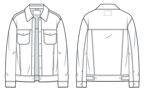 Men Denim Jacket Technical Fashion Ilustration. Utility Jacket fashion flat technical drawing template, patch pockets, front and back view, white, buttons, women, men, unisex CAD mockup.