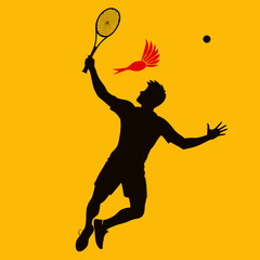 Badminton Player Silhouette Playing Shot on Yellow Background