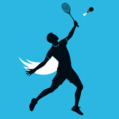 Badminton Player Jump Smash Silhouette on Blue Background