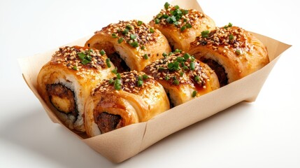 Six Golden Brown Sweet Baked Sushi Rolls Topped With Sesame Seeds And Chopped Chives In A Cardboard Container