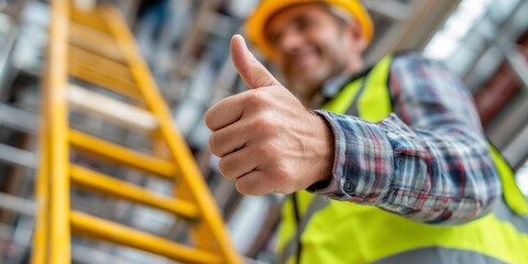 Worker in vest gives thumbs up near ladder at construction site during daylight hours