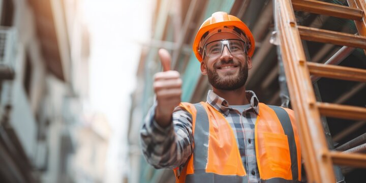 Worker gives a thumbs up in a construction site with a ladder and scaffolding in the background during daylight hours - Powered by Adobe