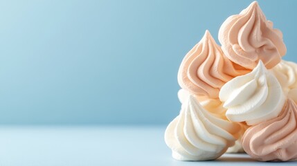 Soft Meringue Swirls Pastel Colors Delicate Sweet Confections On Light Blue Background Studio Shot