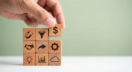 Southeast Asian adult hand placing wooden block with search icon on a grid of business strategy cubes in a bright indoor office, representing digital marketing growth and data analytics.
