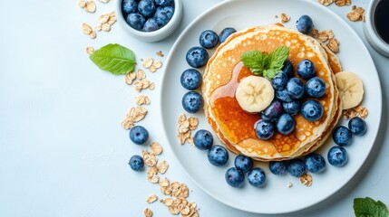Stack Of Golden Brown Pancakes With Fresh Blueberries And Banana Slices Drizzled With Honey