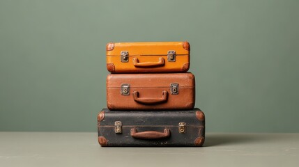 Stack Of Three Vintage Suitcases In Brown And Black Hues Against A Muted Green Background
