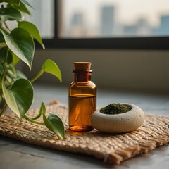 Aromatic essential oil in amber bottle with herb