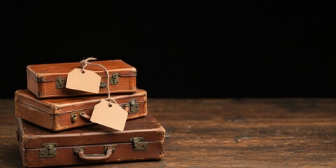 Stack Of Vintage Leather Suitcases With Blank Tags On Dark Wooden Surface Isolated On Black Background