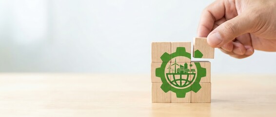 Close-up of an adult person's hand placing the final wooden block to complete a green gear puzzle with a sustainable city icon