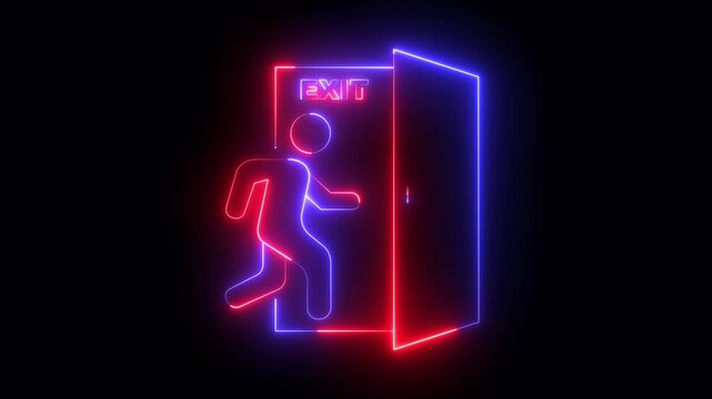 glowing neon emergency exit icon animation on black background. running human and open door. exit text emergency exit symbol. Emergency exit sign with man running at the door. 4k video animation.