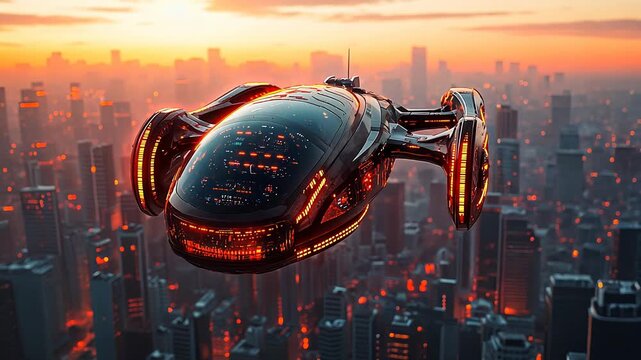 A futuristic flying car soars over a sprawling cityscape at sunset.