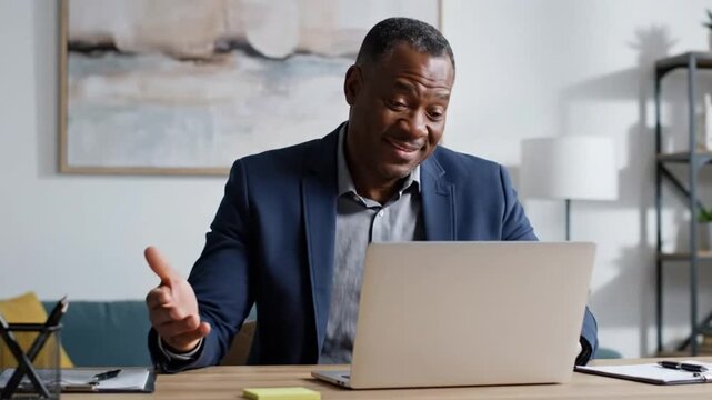 Mature African American businessman typing and gesturing on a laptop in his modern home office for remote communication concept and online collaboration